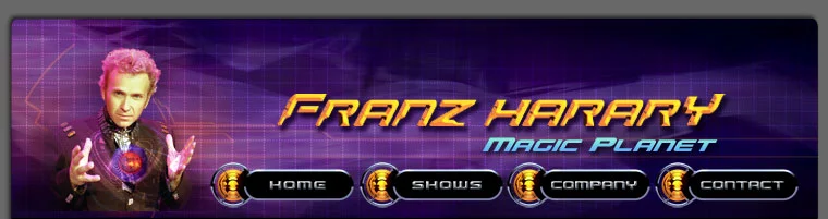 Franz Harary Magic Planet — illusionist reaching forward with hands lit, against a purple sci-fi backdrop